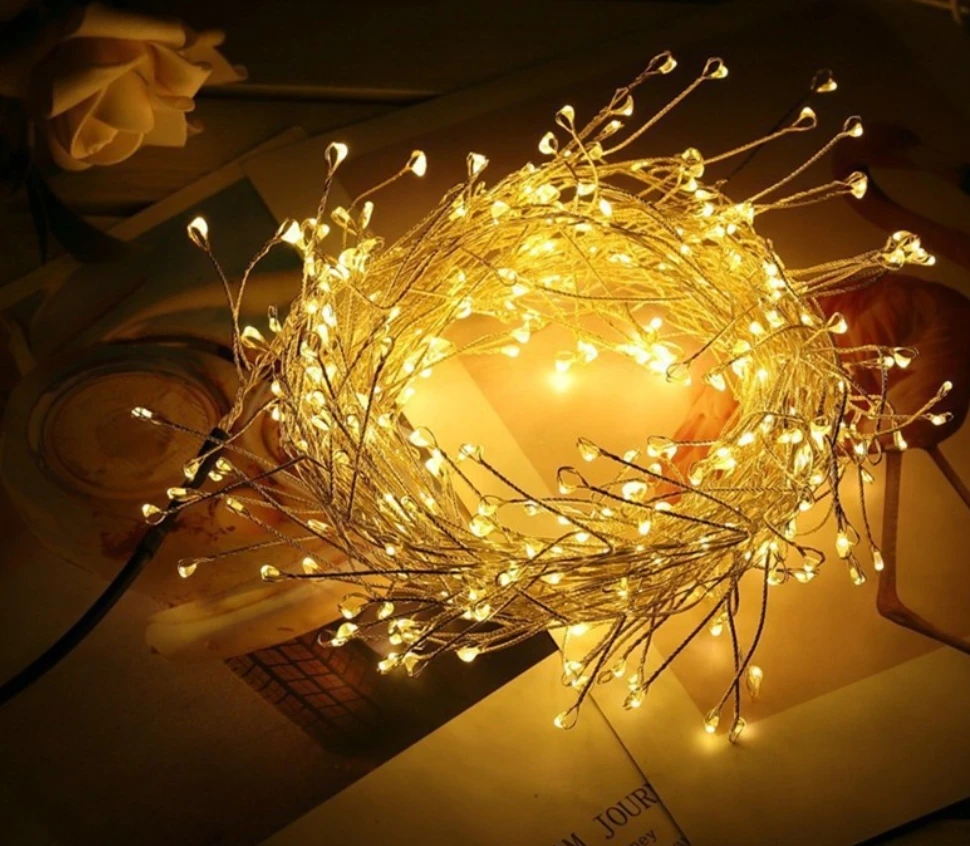 100/200 LED Firecracker Cluster Fairy String Lights USB Powered 8 Modos Holiday Firework Garland Lights para Wedding Party Xmas