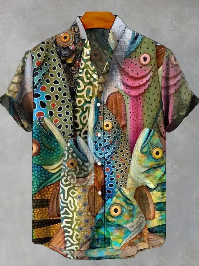 Fashion Men's Casual Sea Life Graphic Short Sleeve Shirts Button Down Lapel Shirts Oversized Tops Casual Hawaiian Shirt for Men