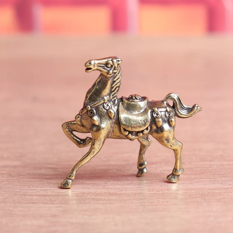 1 PC Small Copper Craft Antiqued Solid Brass Horse Figurines Cute Ornament Study Office Desk Tea Pet Hand Fidget Home Decoration