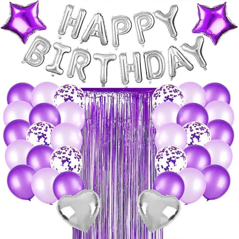 Silver Happy Birthday Letter Foil Balloon Shiny Purple Rain Silk Curtain Balloon Set For Birthday Party Decoration