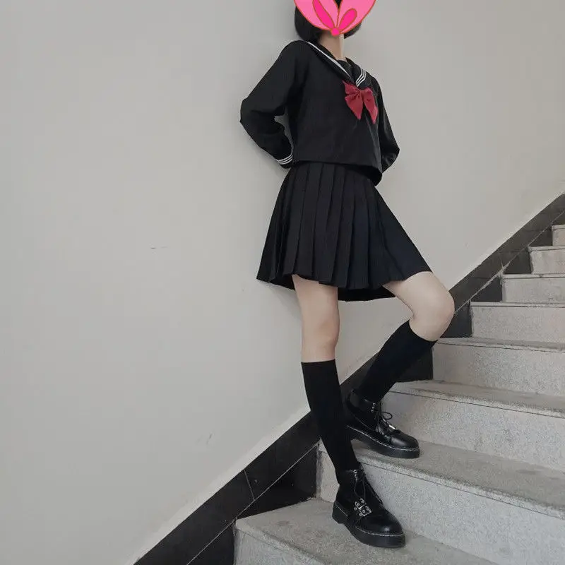 Elastic Waist Japanese Student Girls School Uniform Solid Color JK Suit Pleated Skirt Short/Middle/Long High School Dress