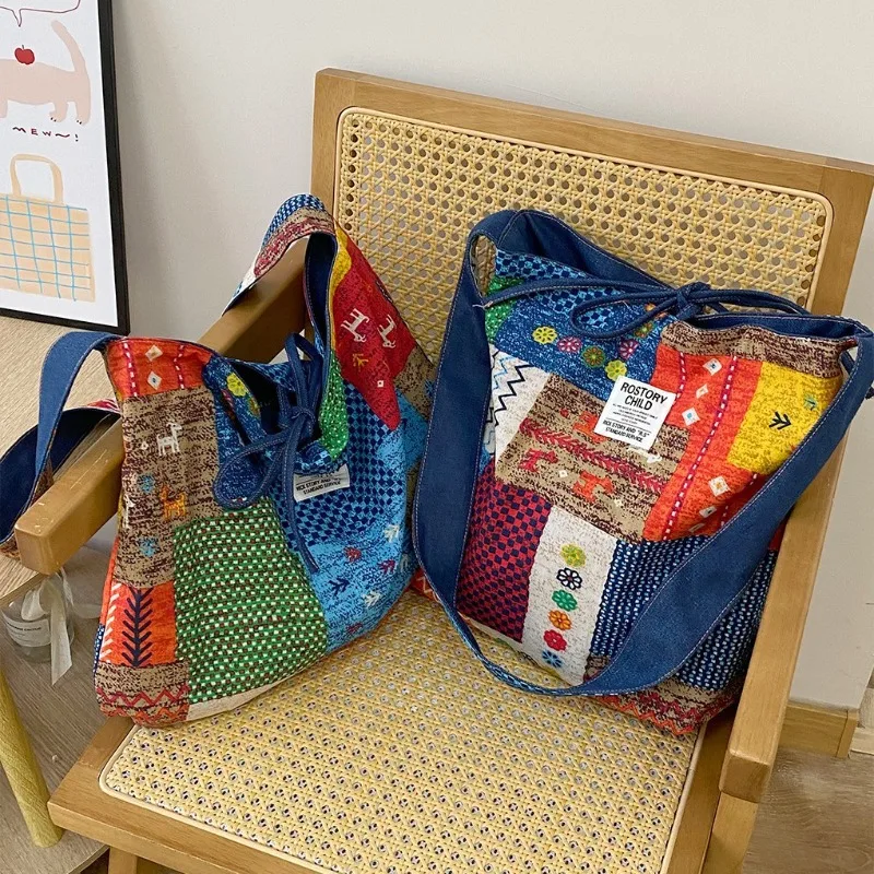 

Casual Patchwork Women's Denim Shoulder Bags Double-sided Light Portable Ladies Crossbody Bag Large Capacity Female Handbag Tote