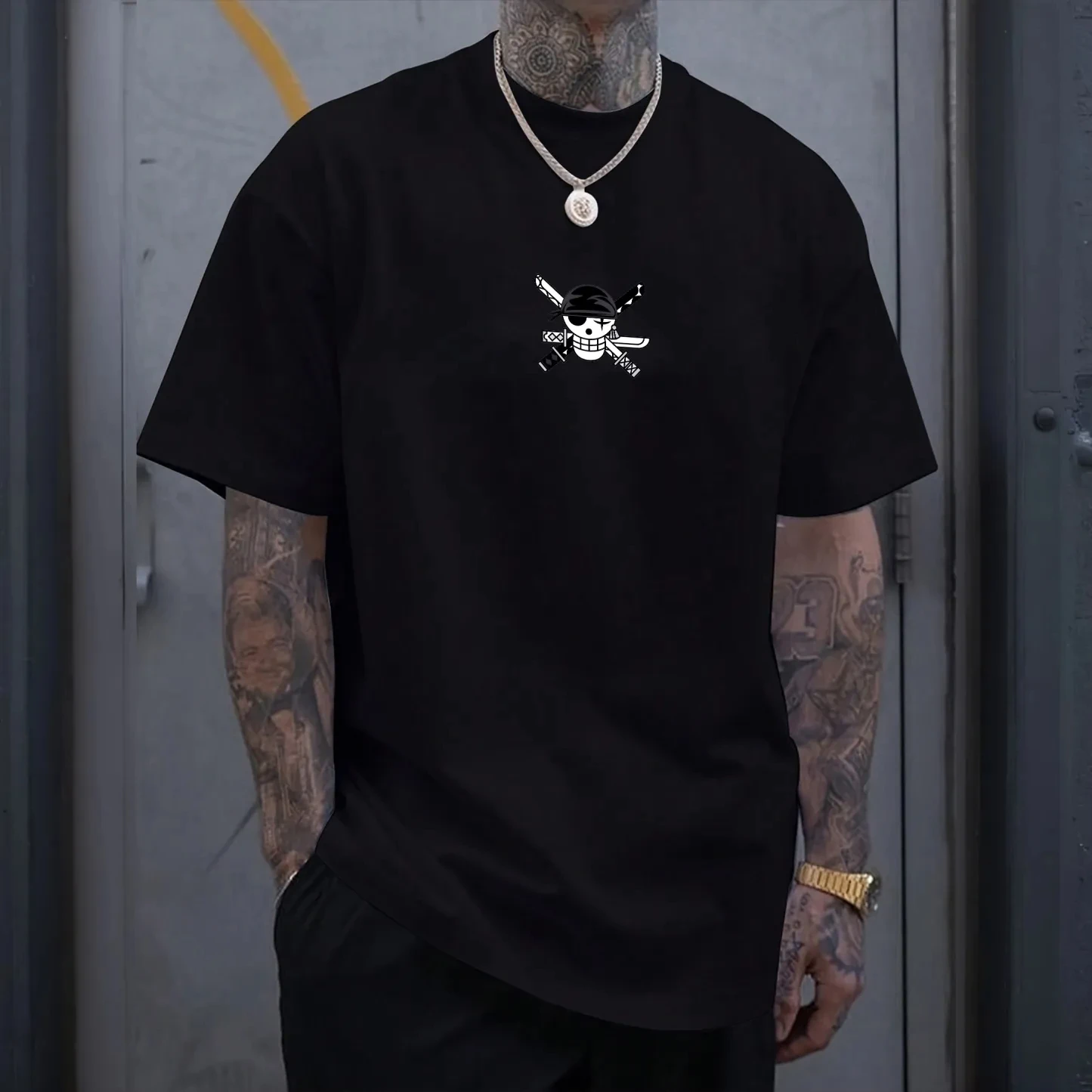 원피스 조로 콜라보레이션 여름 남성 및 여성 캐주얼 루즈 대형 워셔블 스포티 라운드 넥 반팔 티셔츠