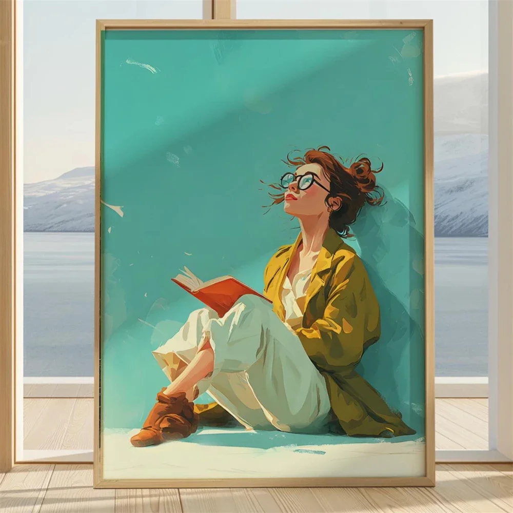 Woman Reading At Sunset Wall Art Prints Impressionist Beach House Decor Striped Swimsuit Art Poster Yellow Float Wall Decor