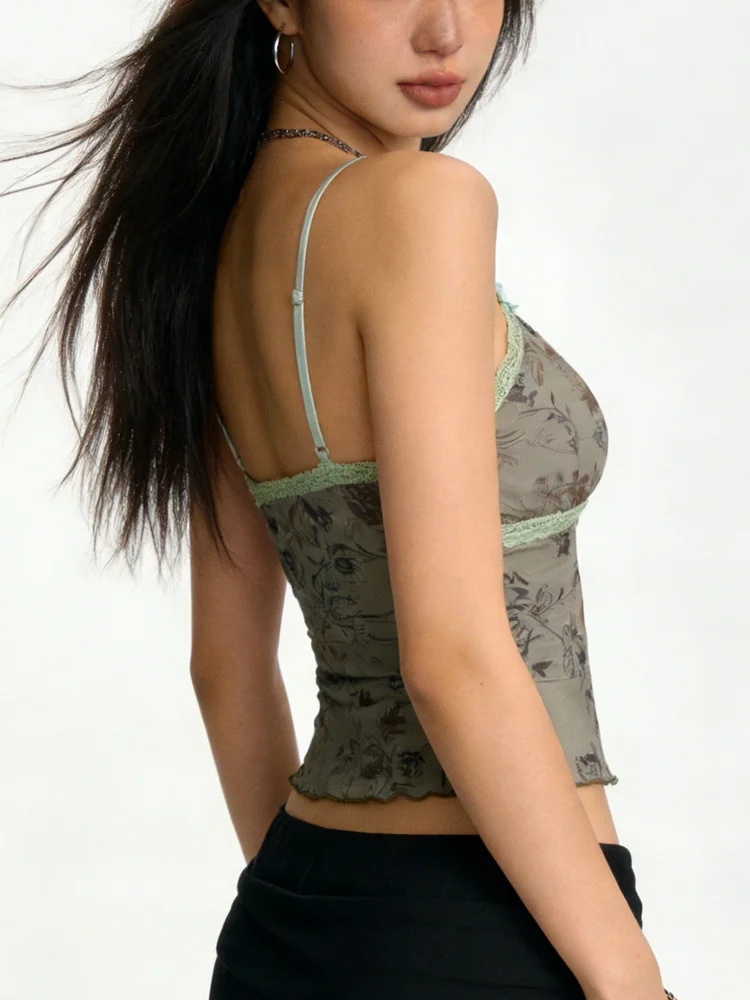 

French green lace trimmed V-neck vest with bow tie, Y2K summer casual streetwear, Grunge Fairycore 2000s vintage top