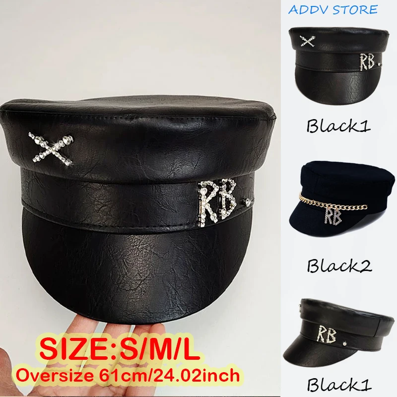 

INS Designer Brand PU Newsboy Caps Women Diamond Letter Flat Top Cap Militray Hat Fashion Streetwear Navy Hat Bonnet Sombreros