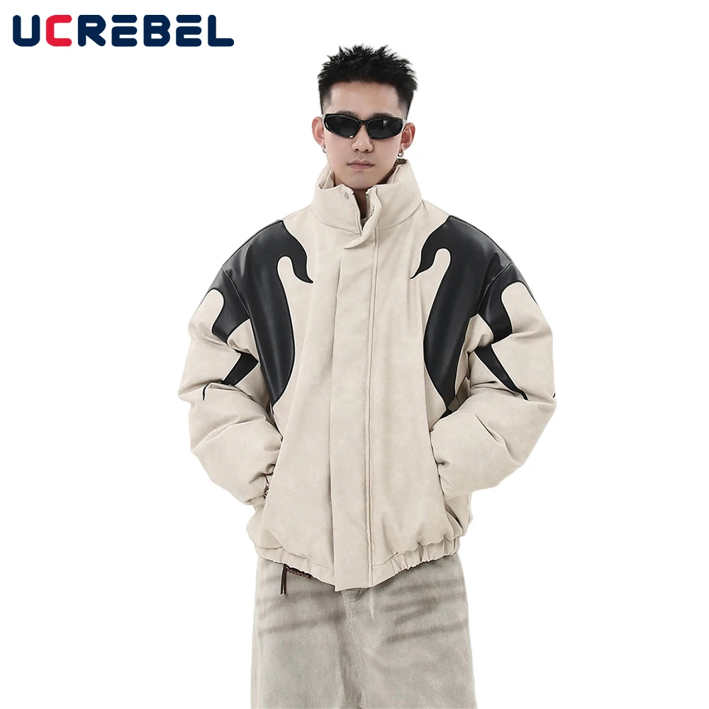 Flamme Stickerei PU Leder Gepolsterte Jacke Herren High Street Winter Dicke Stehkragen Langarm Warme Gepolsterte Jacke Männer