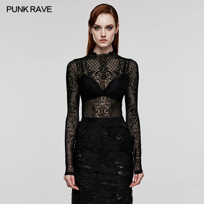PUNK RAVE Women's Gothic Mesh T-shirt, Black Polyester Elastane Floral Print Sheer High Neck Top WT832