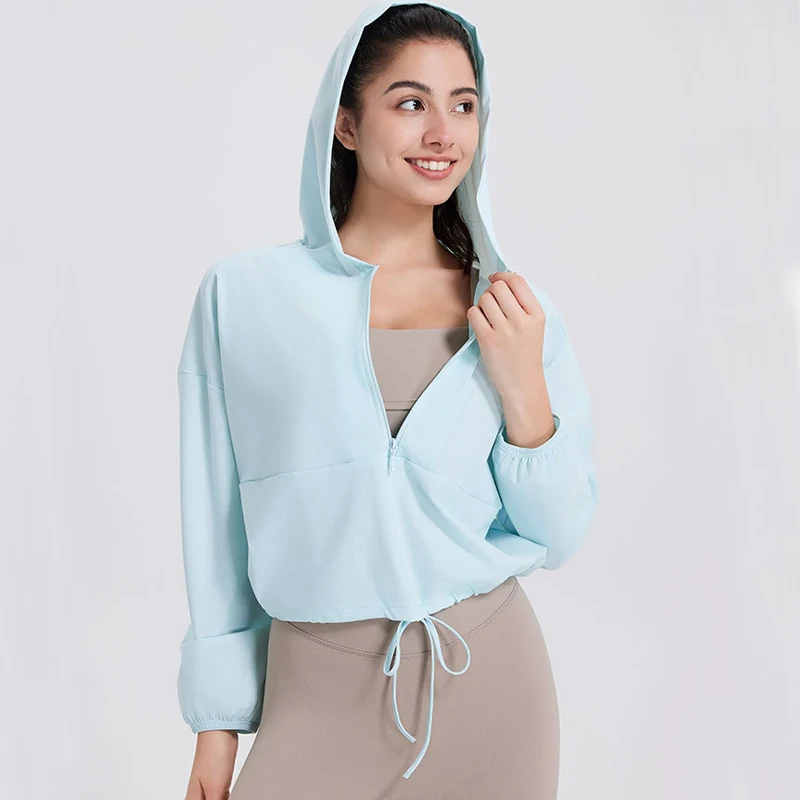 Kurtka do biegania na zewnątrz damska antysłoneczna bluza przeciwsłoneczna lekka oddychająca sportowa bluza z kapturem damskie, treningowe ubrania
