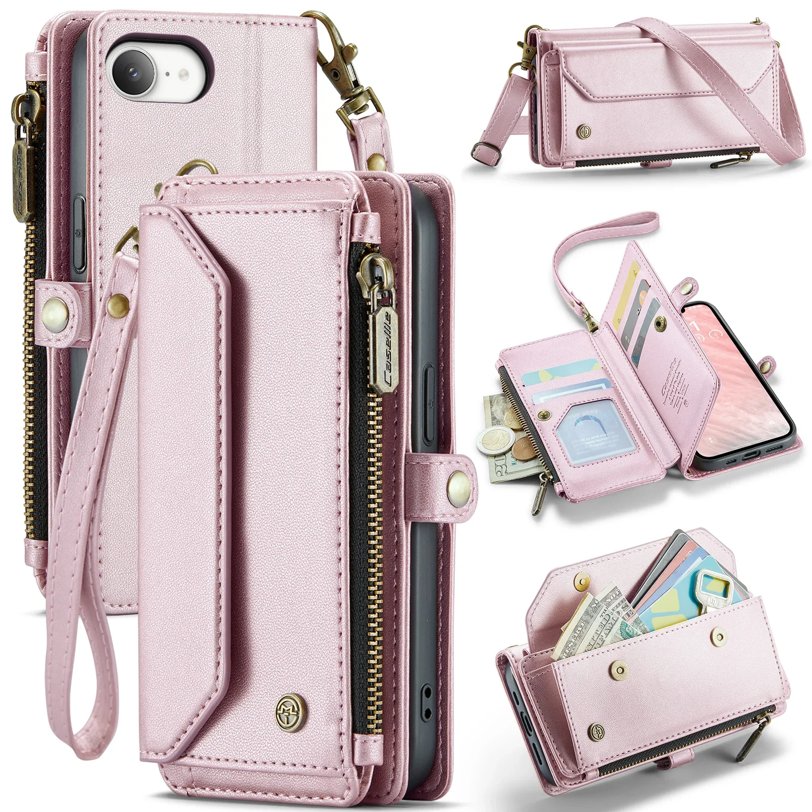 

Leather Strap Zipper Card Holder Phone Wallet Case for iPhone 17 16e 16 15 14 13 12 11 pro plus Max - Multi-Model Compatible