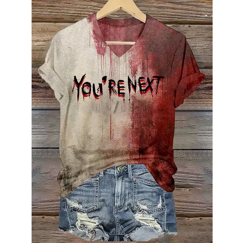 Vintage Halloween style Womens T-shirt  3d Blood Letter Print Street V Neck Tee Shirt polyester Female Clothing Oversized Tops