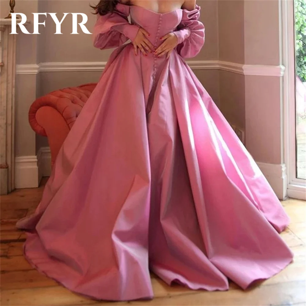 RFYR Pink Prom Dresses Strapless A-Line Evening Dresses Off The Shoulder Plaets Satin Party Dress Vestidos De Noche  Customized