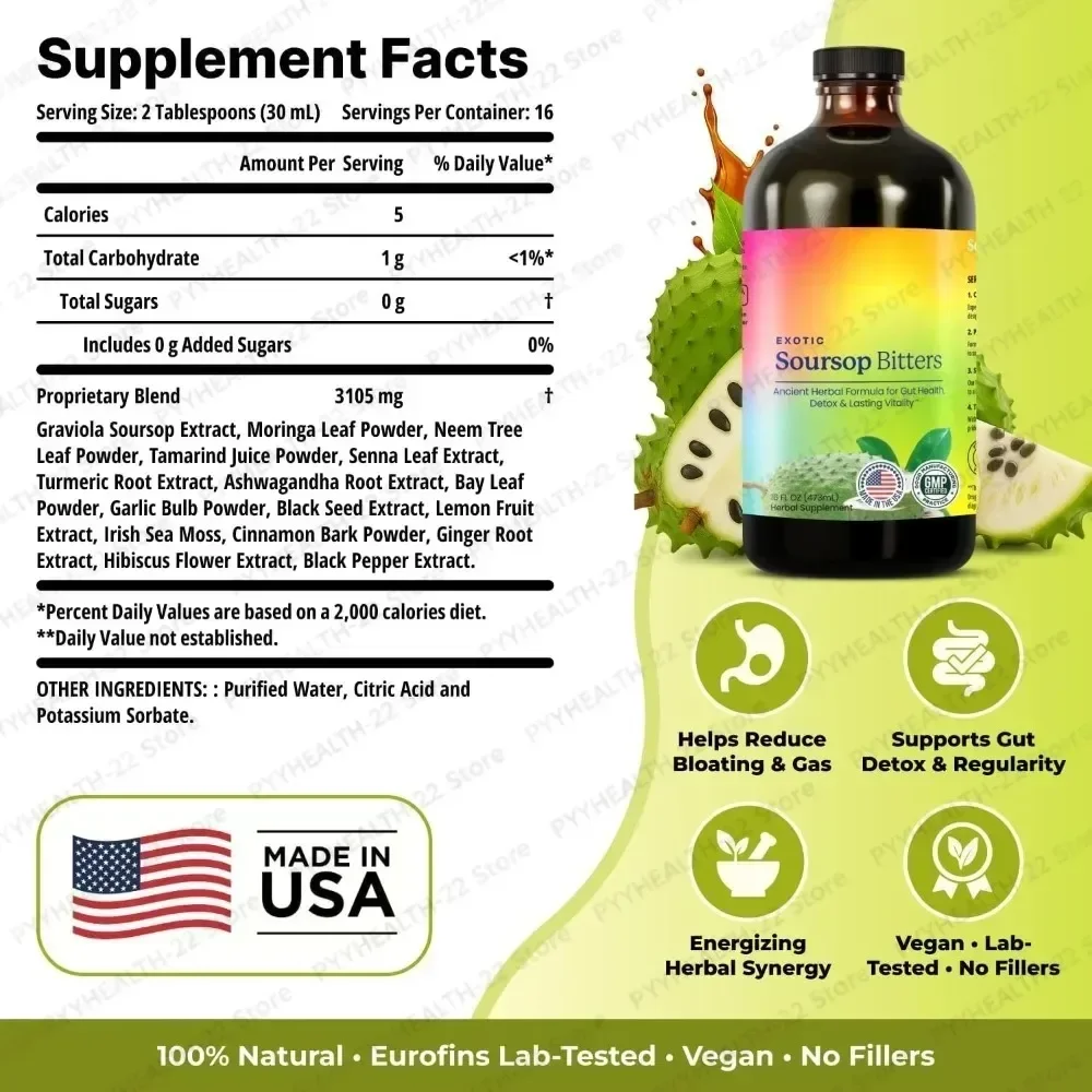 Soursop Bitters Liquid for Digestive Balance & Bloating Comfort Support with Guanabana Moringa Black Seed Ginger，2 Tablespoons