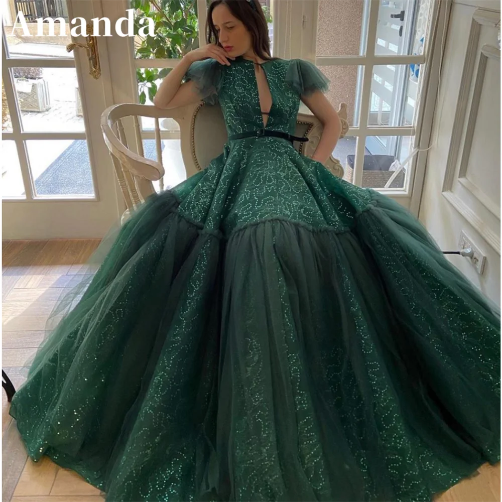 

Amanda Gliiter Dark Green Vestido De Novia Sequins Tulle Prom Gown Short Sleeve Prom Dress High Neck A-line فساتين السهرة