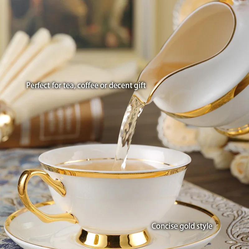 Gold Inlay Bone China Tea Set Europe Ceramic Coffee Set Porcelain Tea Cup Pot Teapot Teacup Sugar Bowl Milk Jug Ceremony Teaware