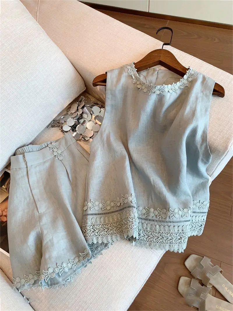 

Lace Patchwork Sleeveless Vest Cotton Linen Shorts Set Blue Embroidery Crop Top Two Piece Sets Womens Outifits