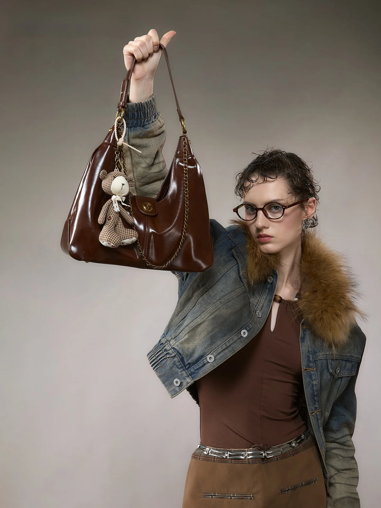 Romantic Vintage Brown Underarm Hobo Bag Women's Single Shoulder Handbag JACD American Retro Style Detachable Strap Polyester...