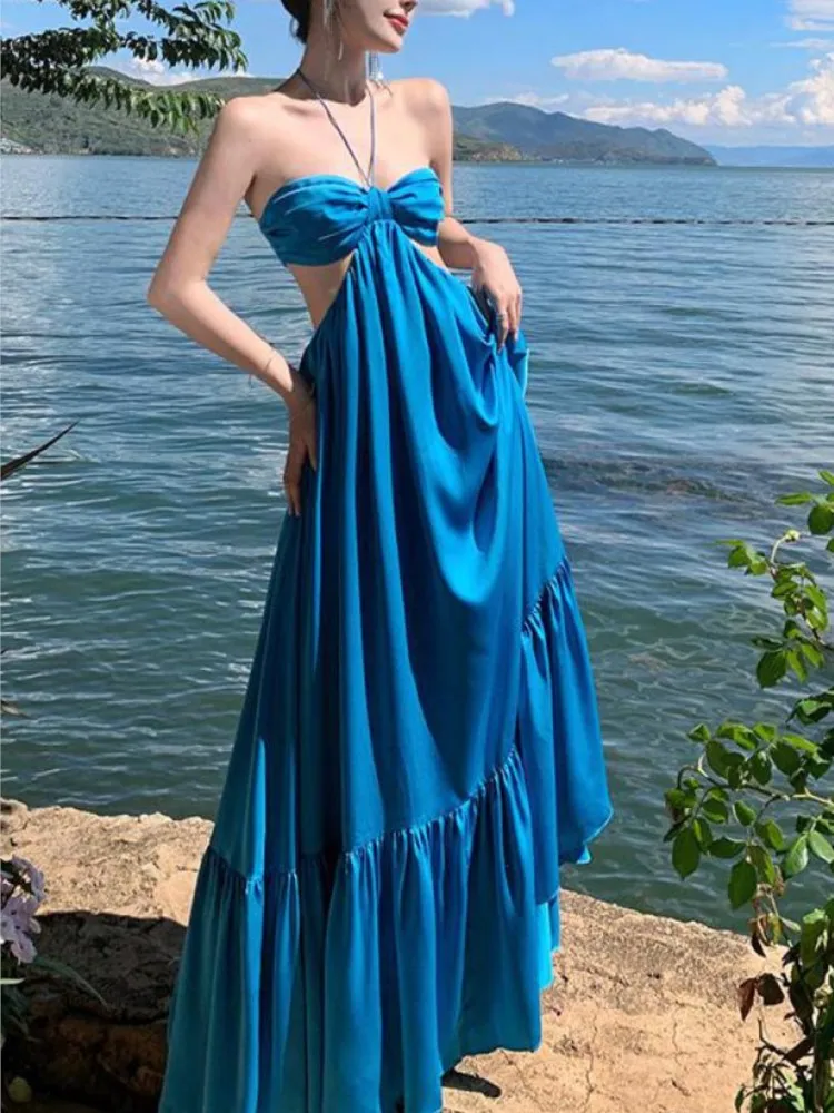 

Women Blue Sexy Club Hanging Neck Hollowed Backless Pleated Long Dress Summer Fashion Birthday Evening Party Bandage Sundress