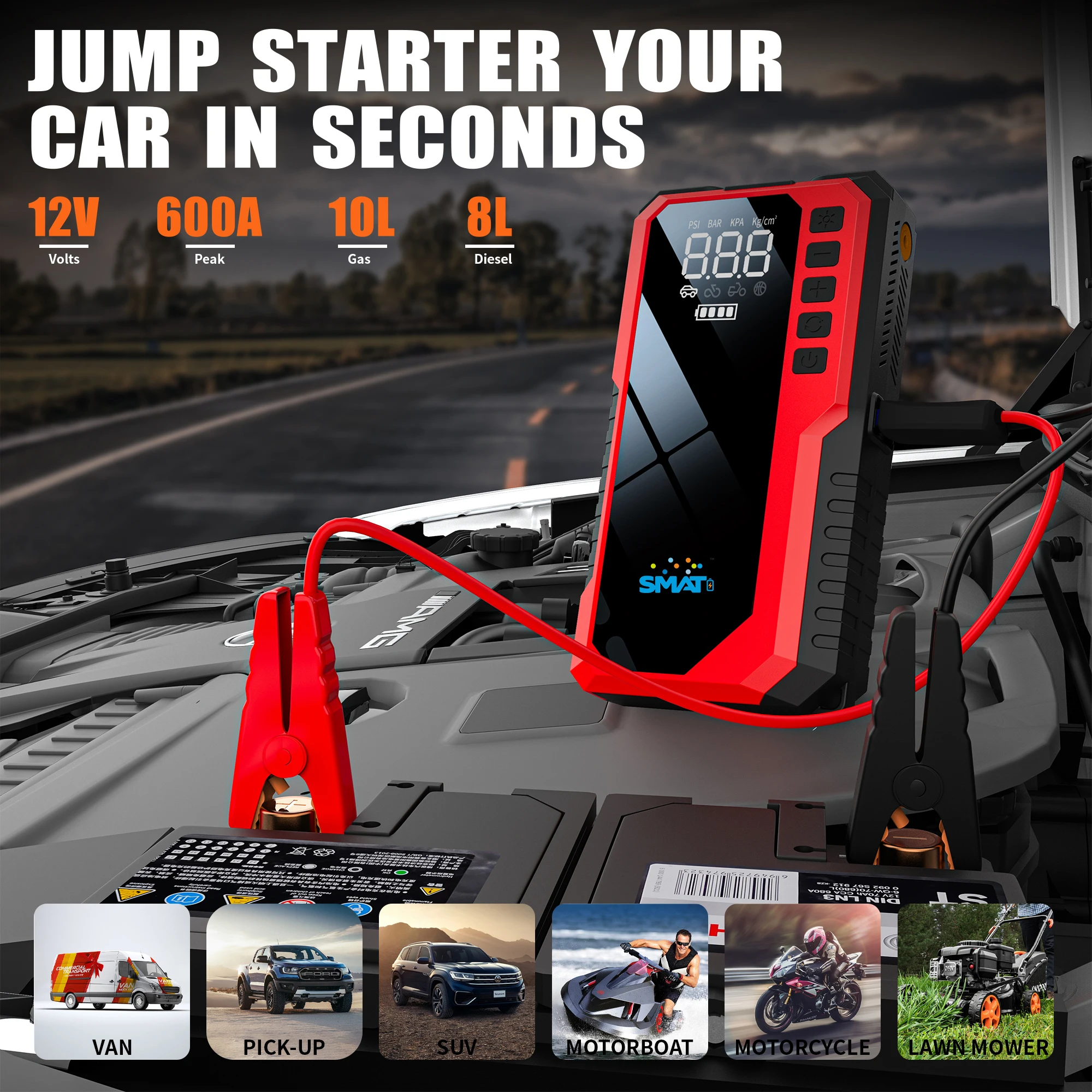 2025 New 4-in-1 Portable Car & Truck Jump Starter LED 12V Boost Auto Batteries Tire Inflators Emergency Tools 800A Peak Current