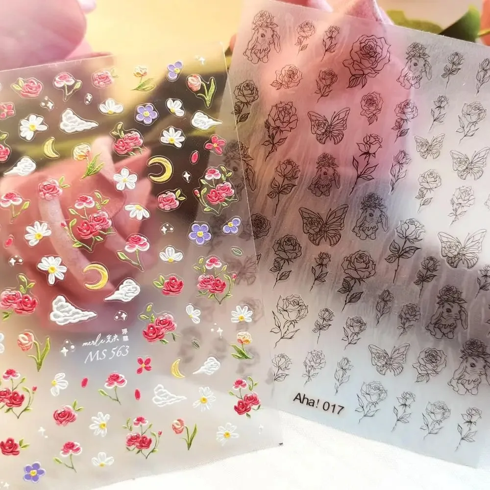 

1 Sheet Monet's Garden Line Rose Puppy 5D Embossed Flower Daisy Nail Art Sticker Nail Decal Nail Art Fashion Accessories