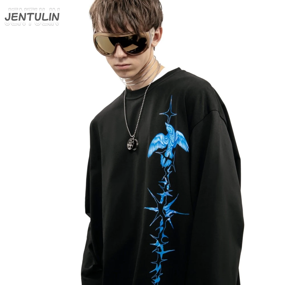 Men's Tshirt Streetwear Bright Side Oversize Print Autumn Hip Hop Korean Long Sleeve Y2k Tops Tee Cotton Graphic Unisex Clothing image 4