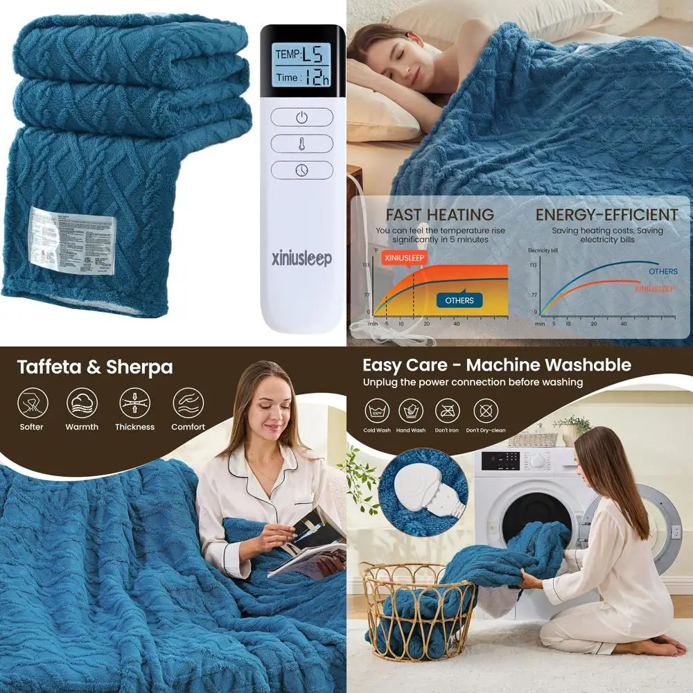 

62x84 Electric Heating Blanket, 5 Levels, 1-12H Auto-Off, Overheat Protection, Navy Blue