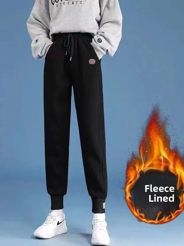 Women's Sporty Fleece Lined Harlan Pants Casual Loose plus Size Slimming Warmth Leisure Trousers Trendy Cuffed Sweatpants