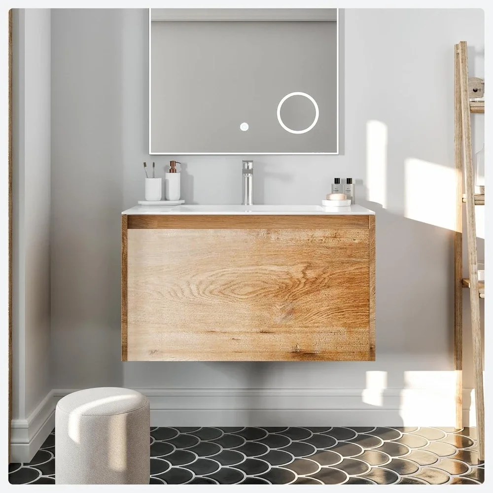 Modern Wall Mounted Bathroom Vanities - Engineered Oak 36 Inch Bathroom Vanity with Sink - Bathroom Sink Cabinet