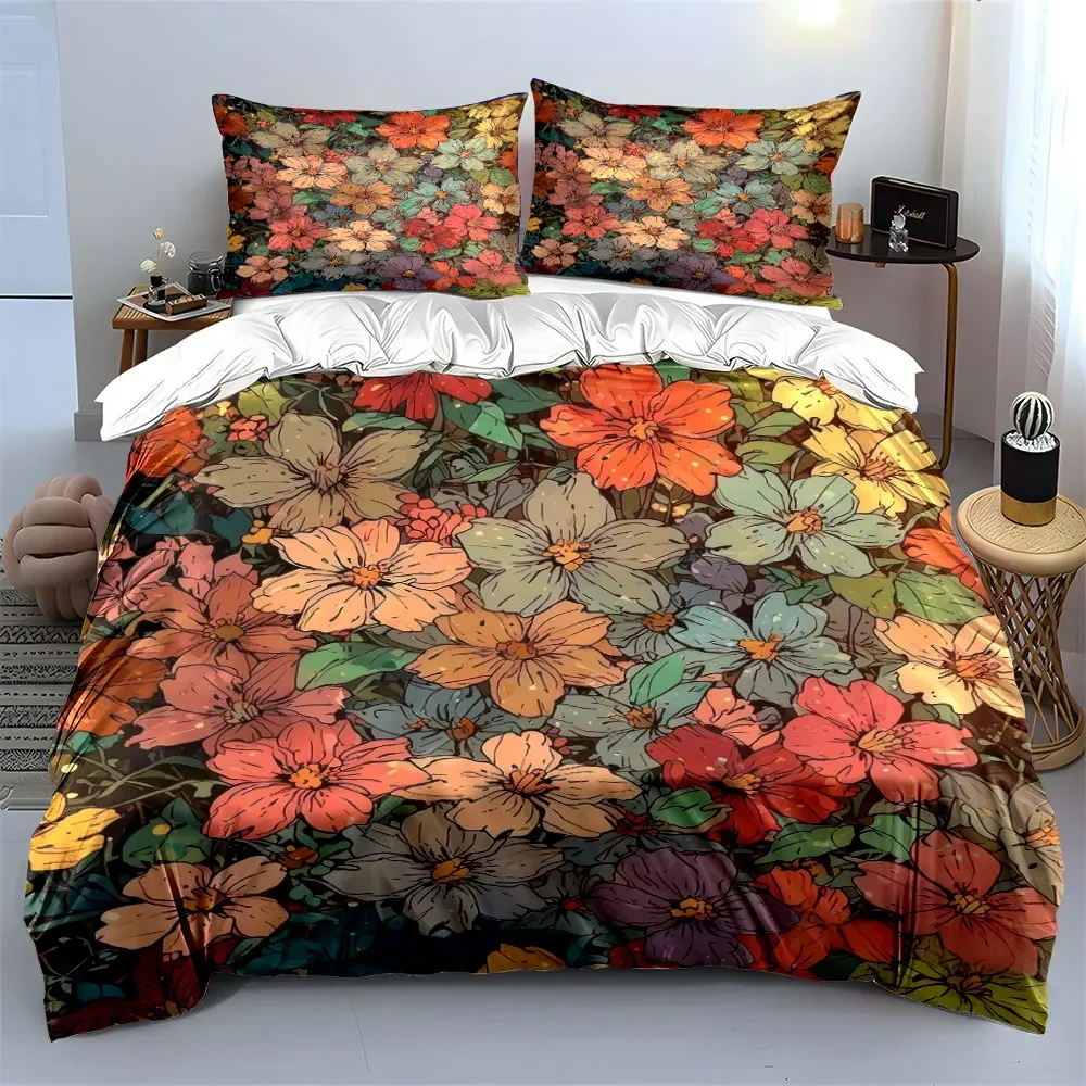 Colorful Floral Pattern Decor Set Bedding Set with 1 Duvet Cover 2 Pillowcases Single Double King Queen, Gift