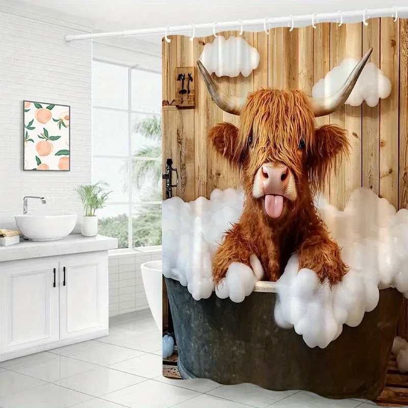 1pc Funny Highland Cow Bubble Bath Shower Curtain - Shaggy Cow in Soapy Tub with Wooden Plank Background, Farmhouse Bathroom Dec