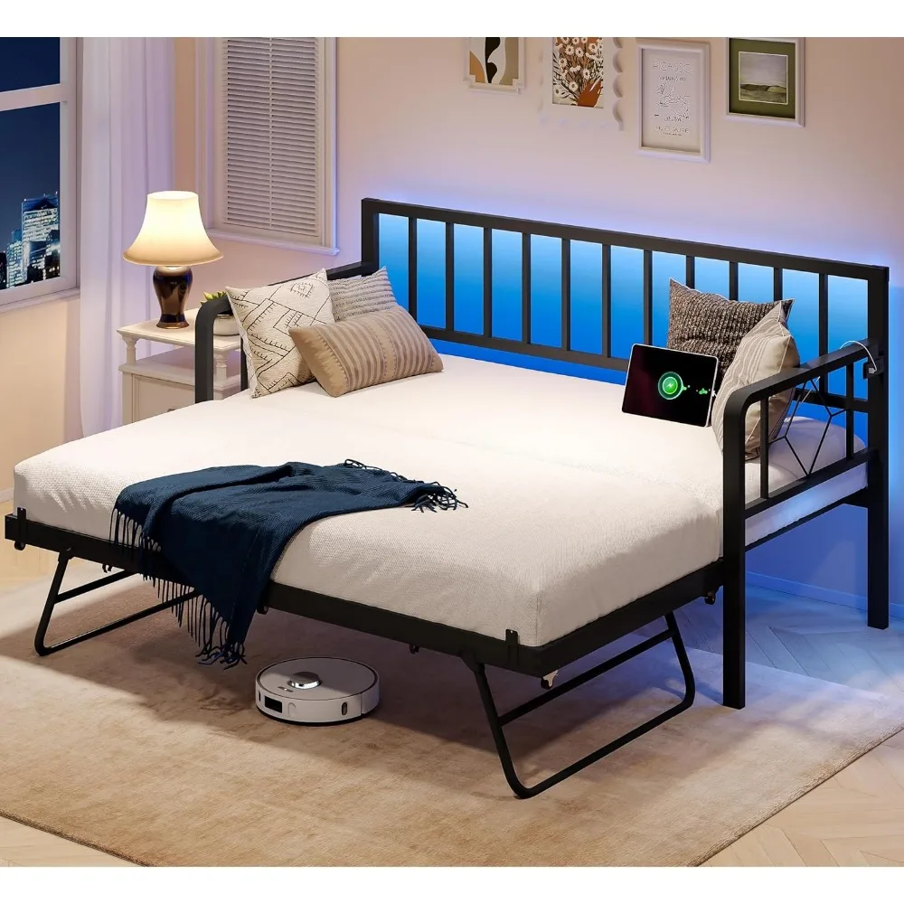 سرير نهاري مزدوج مع قاعدة شحن وأضواء LED، سرير نهاري معدني مزدوج مع دولاب، إطار سرير أريكة متعدد الاستخدامات مع فولاذ