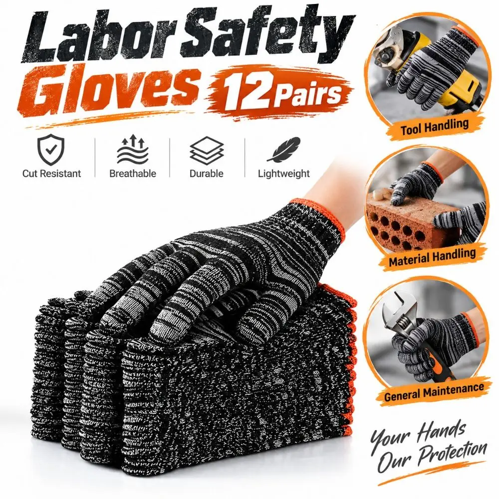 12Pairs Thickened Knit Work Gloves Wear-Resistant Anti-Slip Labor Safety Gloves Breathable Lightweight Cotton Work Gloves