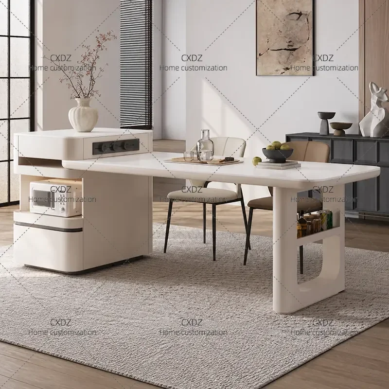 Cream Rock Slab Kitchen Island Table with Retractable Rotating Top Integrated Microwave Storage Cabinet for Small Apartments