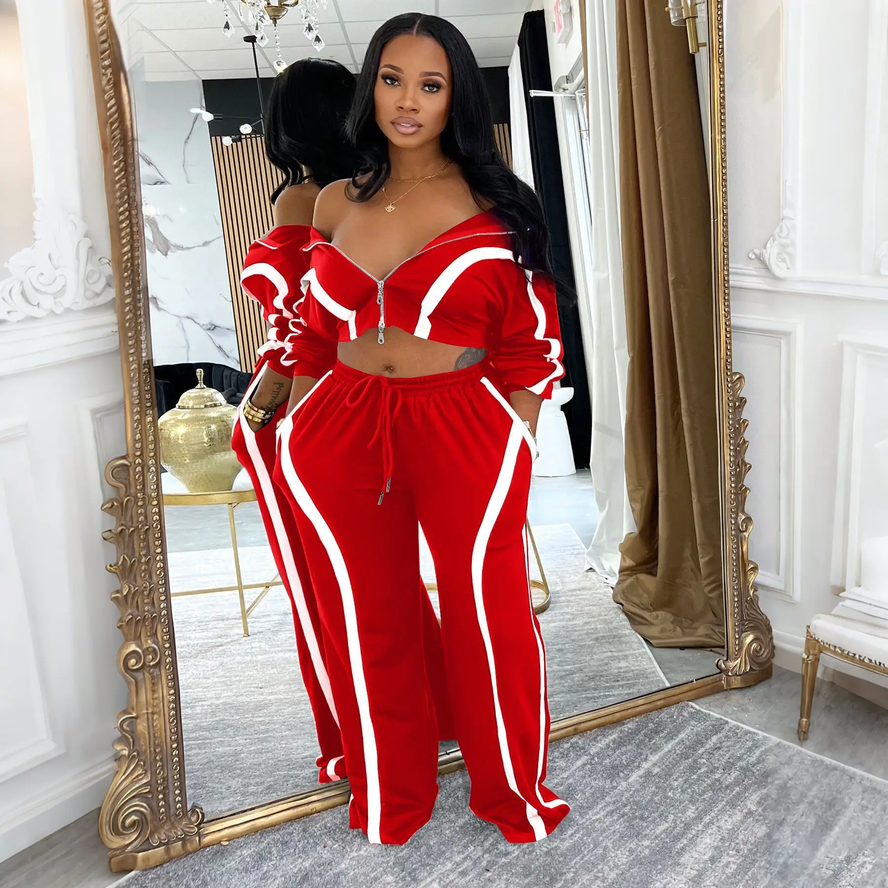 Zweiteiliges Hosen-Set für Damen, lässig, passende Sets, Farbblock, Reißverschluss, Langarm-Oberteil, Kordelzug, Tasche, Hose, lockere Passform, Herbst 2025,