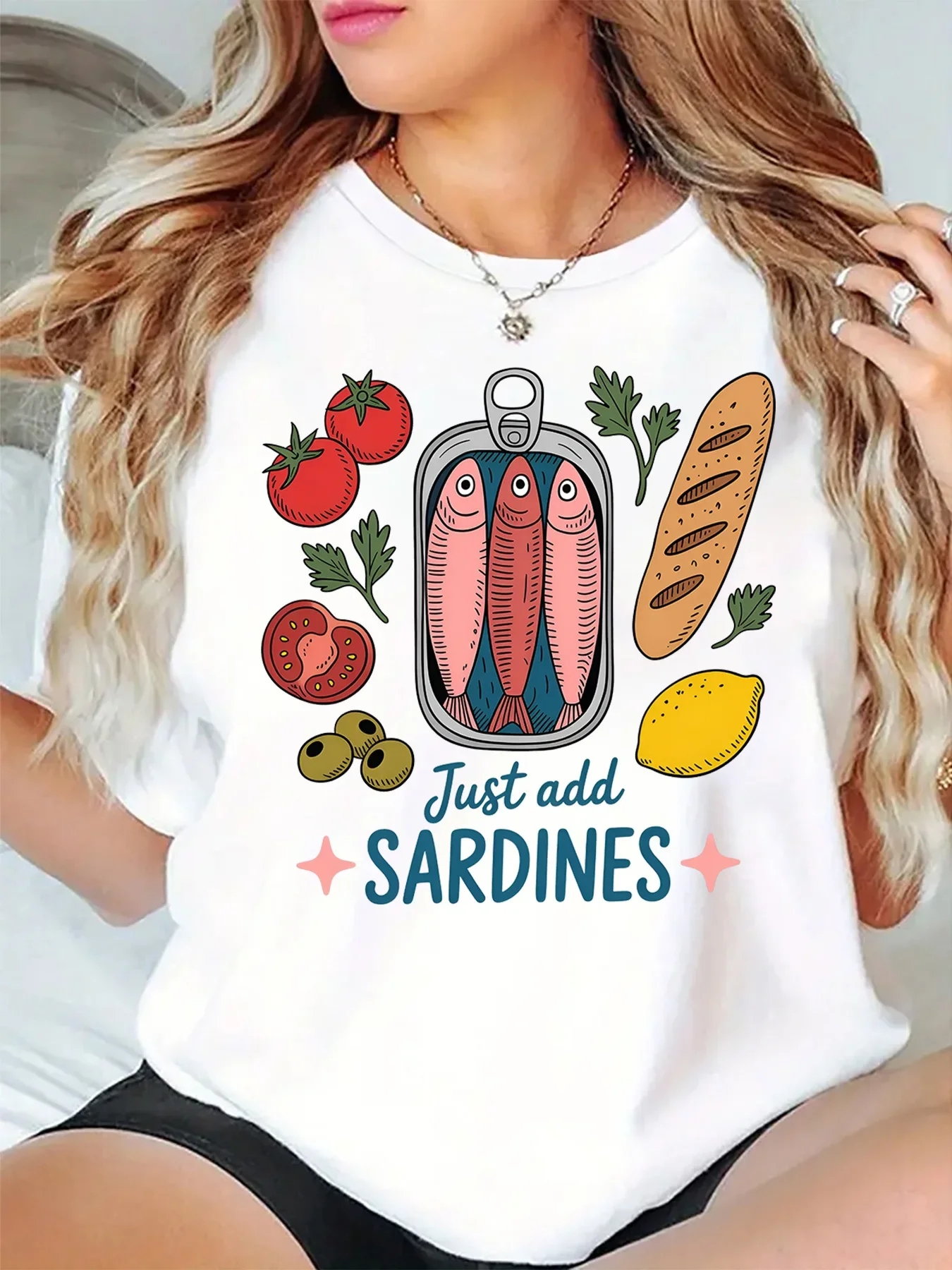 Just Add Sardines Canned Fish Tomato Olive Lemon Bread Food Graphic Womens T Shirt Short Sleeve Crew Neck Casual Ladies Tee Tops