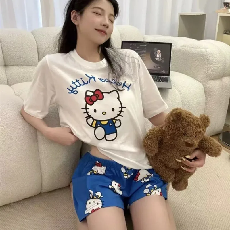 Sanrio Pajamas Women's Summer Short-sleeved Hello Kitty Shorts Cartoon Fresh and Loose Large Size Internet Loungewear Set Gift