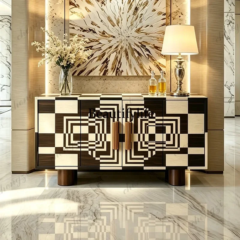 03 minimalist solid wood dining side cabinet, living room household storage cabinet, antique geometric splicing entrance cabinet