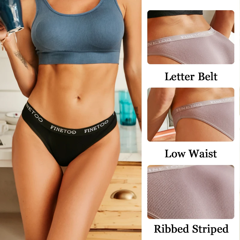 FINETOO 4Pcs Cotton Striped Underwear Women's Panties Letter Belt Briefs Ladies Low Waist Lingerie Solid Breathable Underpants - Image 3