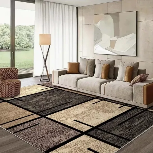 Living Room Large Floor Rug Black Gold Art Deco Square Geometric Border Line Print Soft Carpet Luxury Modern Home Decoration