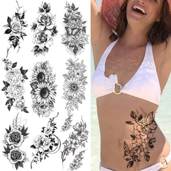 Waterproof Temporary Tattoo Stickers for Women Black Sexy Rose Butterfly Flowers Body Art Tattoo Arm Legs Sleeve Fake Tattoos