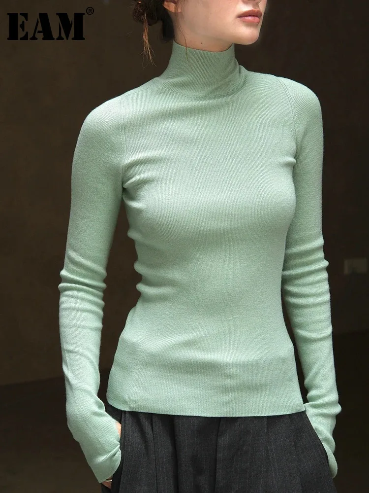 [EAM] Green Slim Elegant Knitting Sweater Turtleneck Long Sleeve Women Pullovers New Fashion Tide Spring Autumn 2024 1DH7116