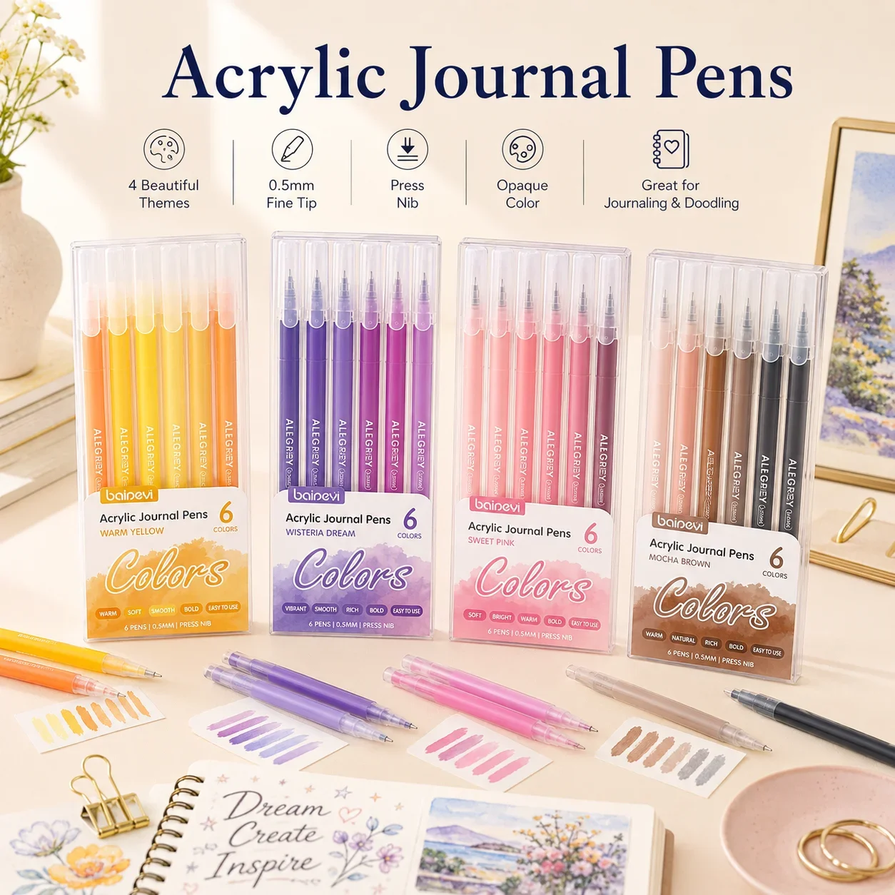 Colorful Acrylic Watercolor Markers, Fluorescent Highlighters for Students, Non-Bleed Journaling Art Pens