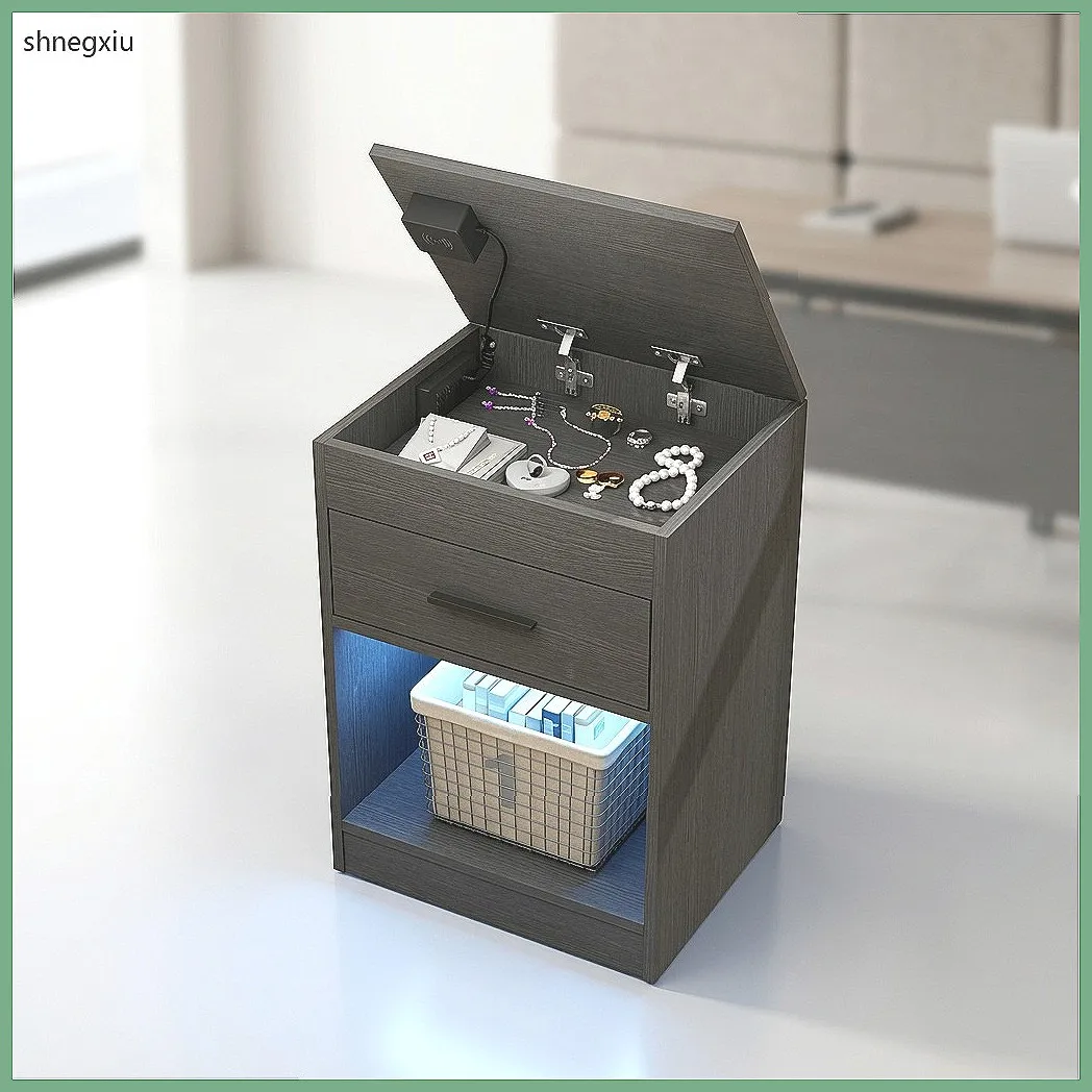 Nightstand with Charging Station, LED Lights, RFID Lock & Outlets, Modern Bedside Table