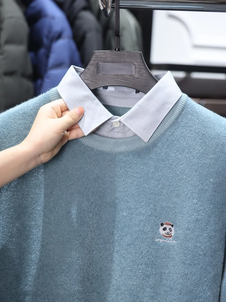 Homesi سترة محبوكة بياقة مزدوجة كاجوال ملونة من سلسلة الباندا ملصق صدر مزيف من قطعتين طويل Sve Busin كاجوال...