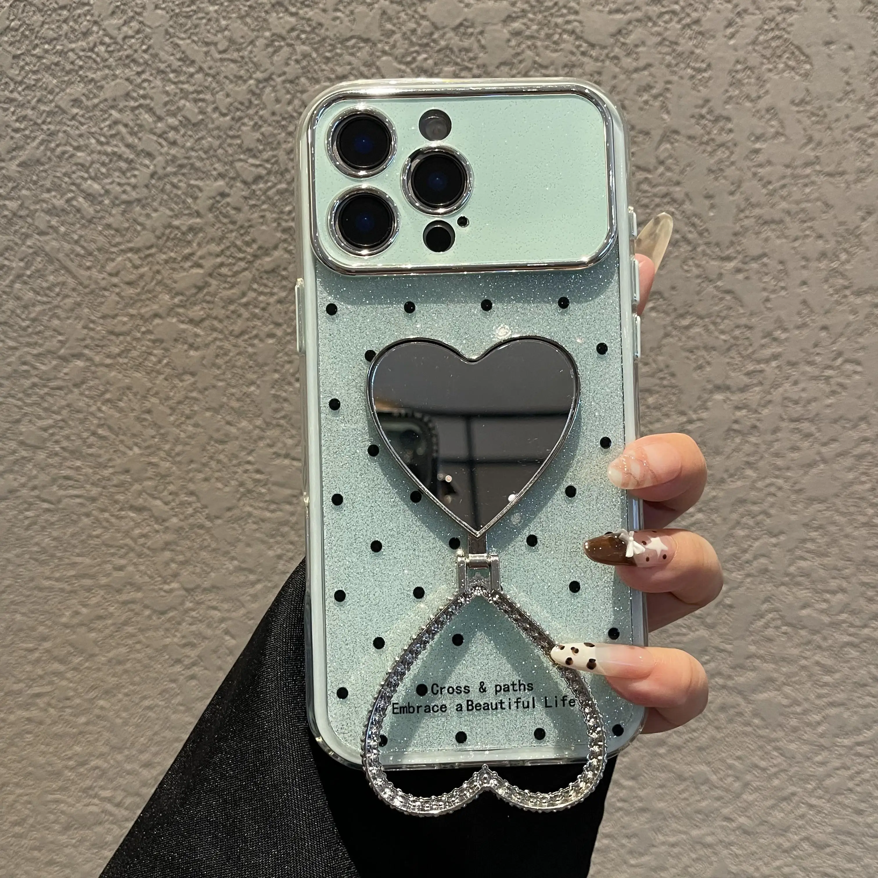 

17 Pro Max Y2K Glossy Heart Glitter Diamond Mirror Phone Case for iPhone 16 15 14 13 Candy Polka Dot Ring Holder Stand Cover