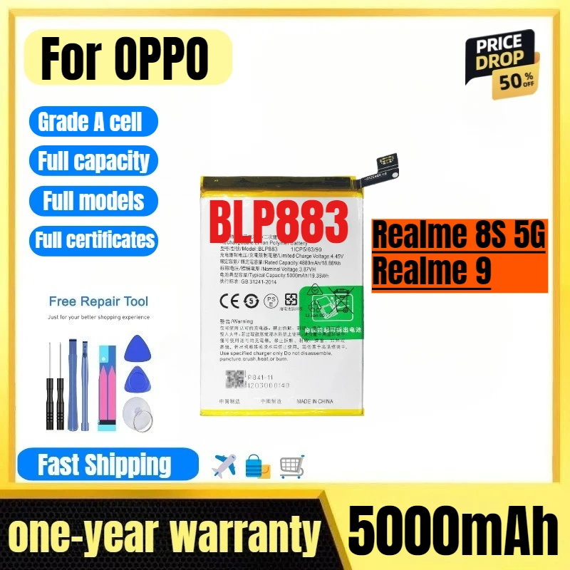 

BLP883 for OPPO Realme 8S 5G/Realme 9 Phone Battery High Quality High Capacity Replacement Bateria Grade A Cell with Tools