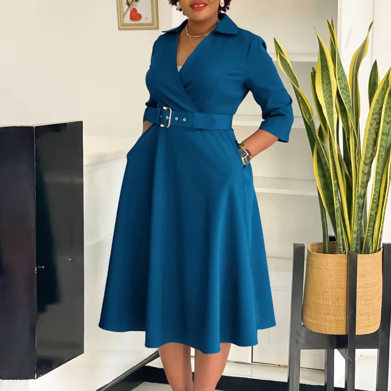 

African Fashion Women Dresses Elegant Church A-line Pleated V-neck Workwear Modest Office Ladies Dress