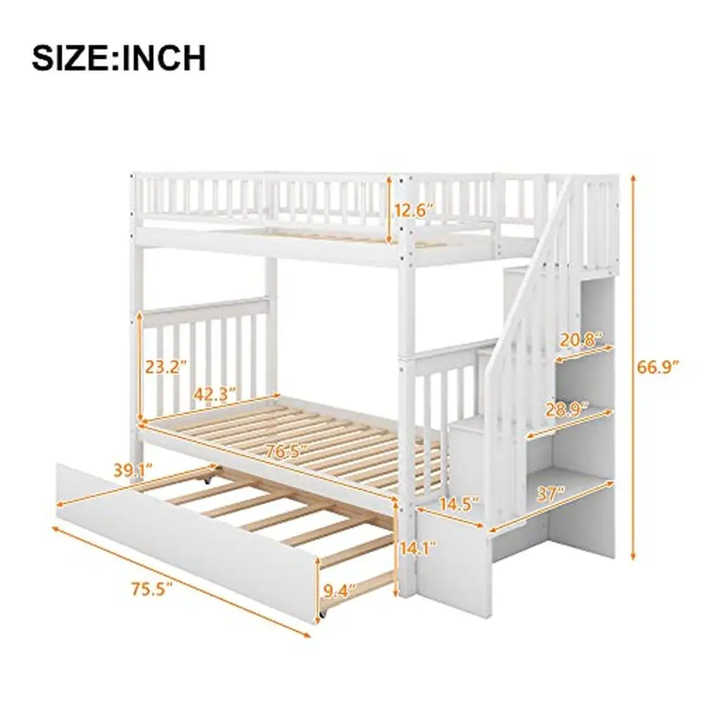 Solid Wood Twin Bunk Bed with Stairs Trundle & Storage 3 Separate Beds Sturdy Pine Frame White Wood Finish 300lb Capacity