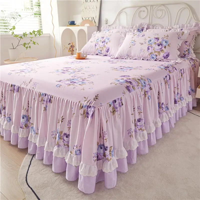 

Flower Printing Bed Skirt with Pillowcases, 100% Cotton Princess Bedding, Purple Lace Bedspread, Mattress Cover, Home Textile