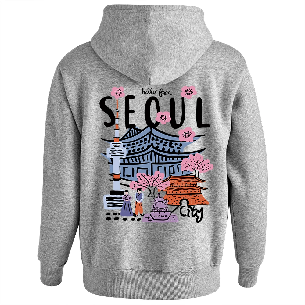 Seoul Beautiful Scenery Print Hooded Male Fashion Soft Fleece Hoodie Fit Casual Versatile Sweatshirts Autumn Warm Streetwear